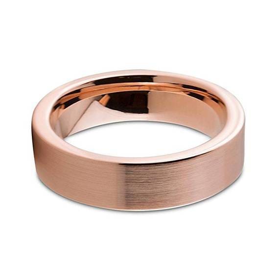 18K Rose Gold Tungsten Wedding Band Pipe Cut Flat Brushed and Polished - 6mm