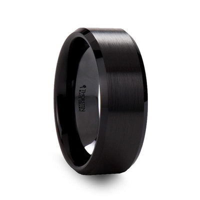 ABIA Beveled Brushed Black Ceramic Wedding Band For Men & Women 6mm 8mm