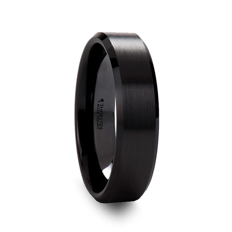 ABIA Beveled Brushed Black Ceramic Wedding Band For Men & Women 6mm 8mm