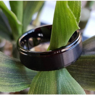 Adal Black Tungsten Carbide Ring With Polished Stepped Edges & Brushed Center - 8mm