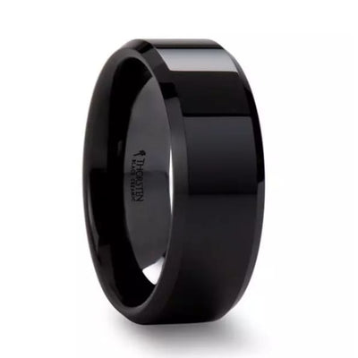 AEGIS Beveled Black Polished Finish Ceramic Wedding Band - 4mm - 12mm