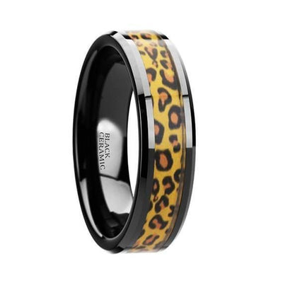 Aidan Ceramic Black Wedding Band Cheetah Print Animal Design Inlay 6mm & 8mm