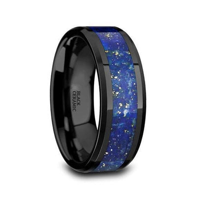 Akhila Ceramic Black Wedding Ring Blue Lapis Inlay Beveled Polished Finish - 8mm