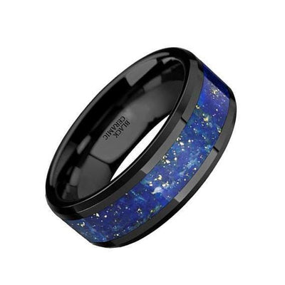 Akhila Ceramic Black Wedding Ring Blue Lapis Inlay Beveled Polished Finish - 8mm