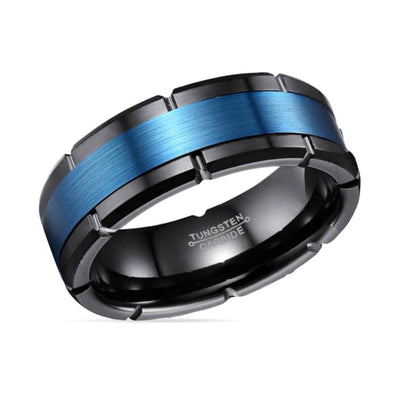 Alcoa Black Grooved Tungsten Carbide Wedding Band Blue Brushed Center - 8mm