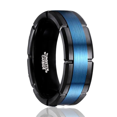 Alcoa Black Grooved Tungsten Carbide Wedding Band Blue Brushed Center - 8mm