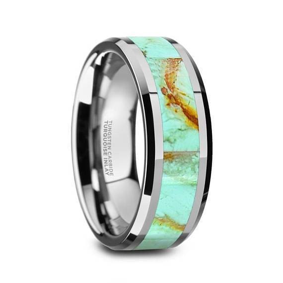 Aldin Wedding Tungsten Ring Light Blue Turquoise Stone Inlay Beveled Polished Finish - 8mm