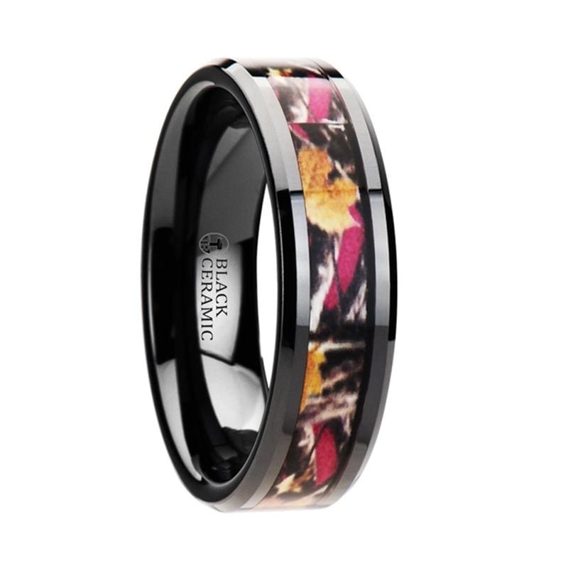 AMARI Black Ceramic Camo Wedding Ring with Real Pink Oak Tree Leaves 6mm & 8mm