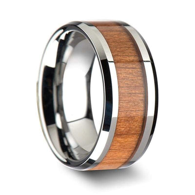 American Cherry Wood Inlaid Tungsten Ring Polished Beveled Edges 6mm - 10mm