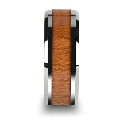 American Cherry Wood Inlaid Tungsten Ring Polished Beveled Edges 6mm - 10mm