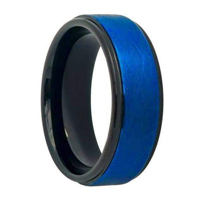 Ariel Tungsten Wedding Band Prussian Blue Ice Finished Center Stepped Edges - 8mm