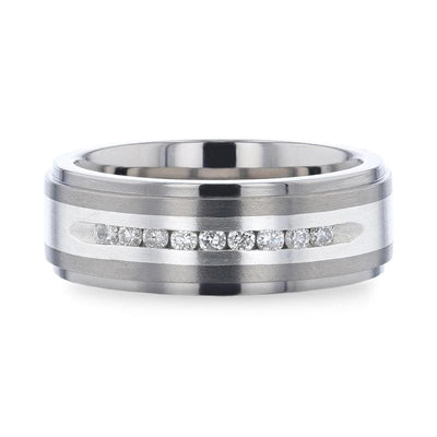 ASPEN Silver Inlaid Titanium Wedding Band 9 Channel Set White Diamonds - 8mm