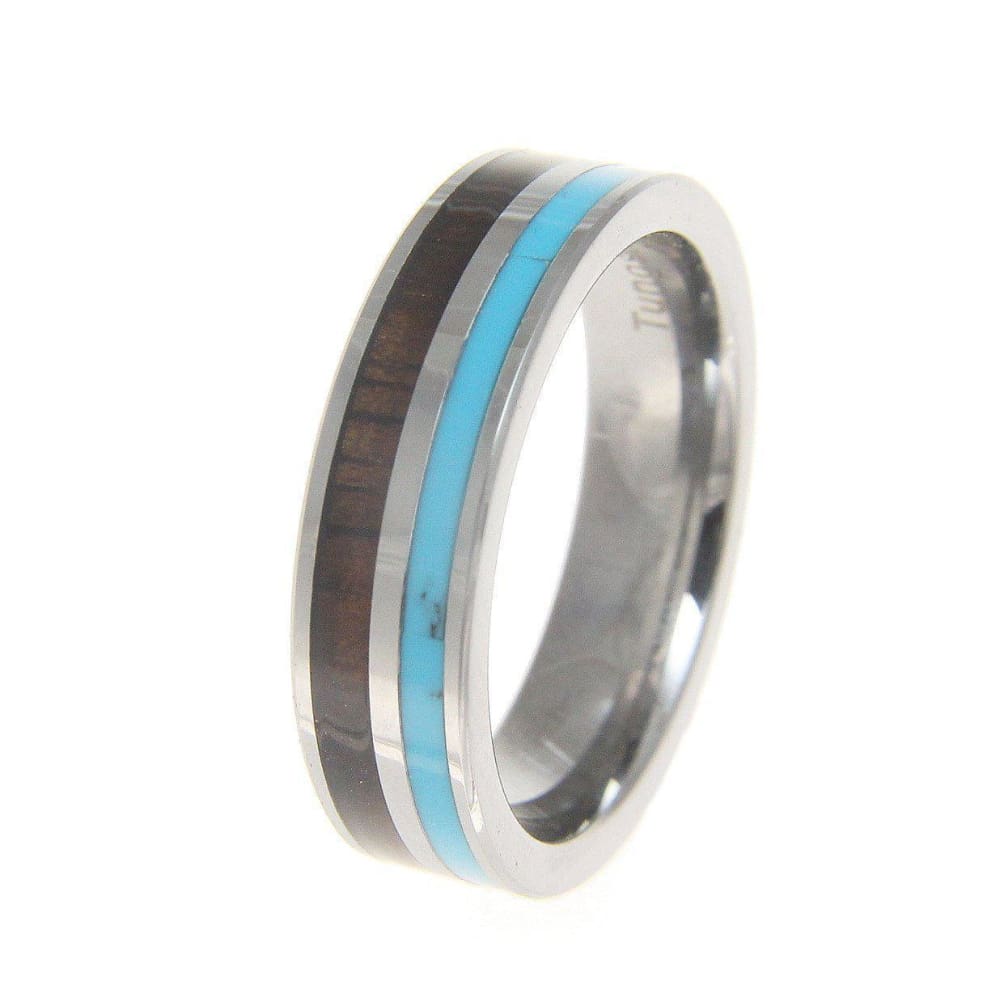 Audrey Tungsten Wedding Band Turquoise Hawaiian Koa Wood Comfort Fit Ring - 6mm