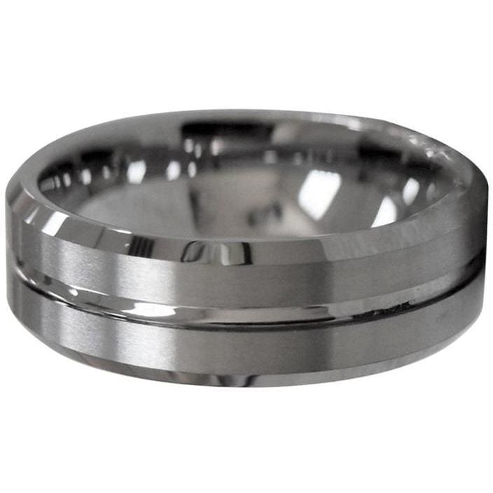 Austen Men’s Tungsten Wedding Band With Grooved Center and Beveled Edges 8mm