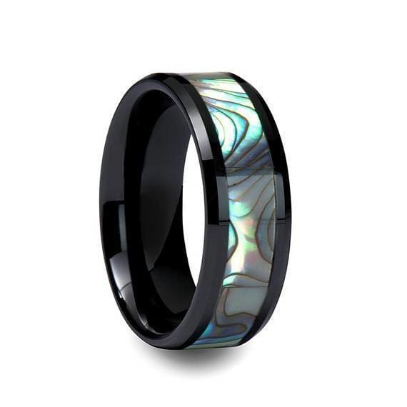 Austin Black Ceramic Wedding Ring Shell Inlay Beveled Polished Finish - 8mm