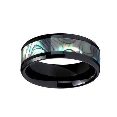 Austin Black Ceramic Wedding Ring Shell Inlay Beveled Polished Finish - 8mm