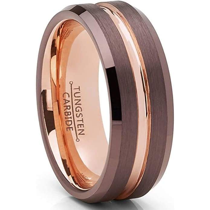 Beacon Men’s Brown Brushed Rose Gold Inlaid Tungsten Carbide Band - 8mm