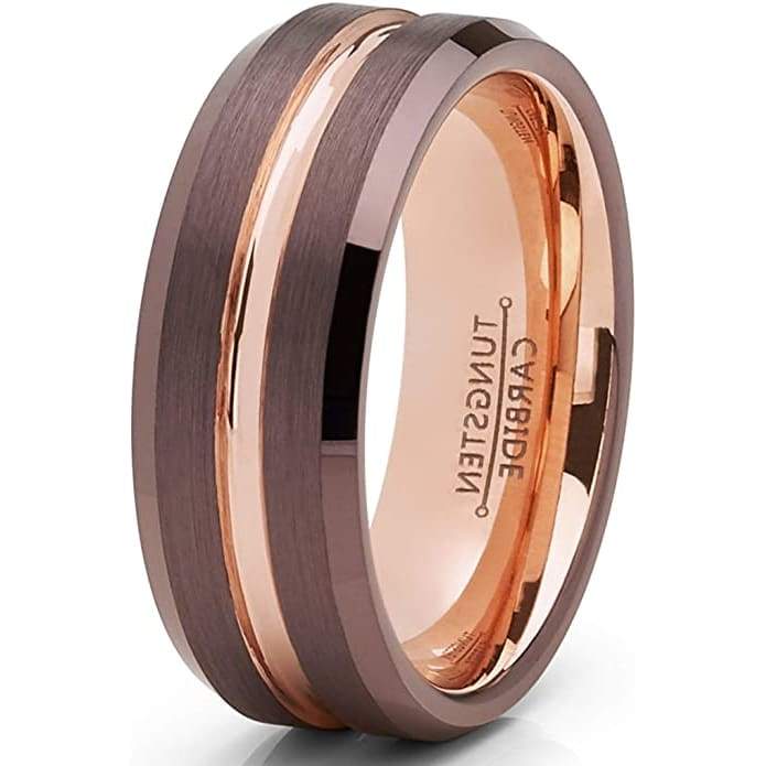 Beacon Men’s Brown Brushed Rose Gold Inlaid Tungsten Carbide Band - 8mm