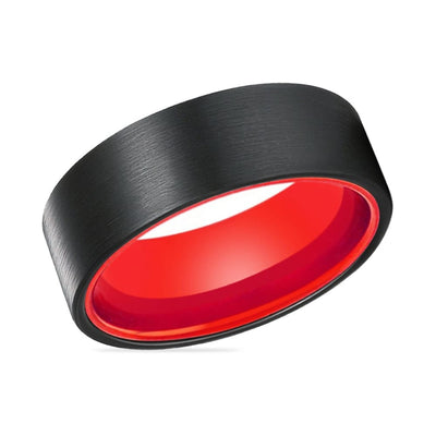 Belmont Black Brushed Flat Tungsten Carbide Ring with Fire Red Inner 6mm & 8mm