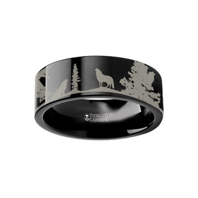 BEREA Landscape Scene Wolf Wolves Engraved Flat Black Tungsten Ring 4mm - 12mm