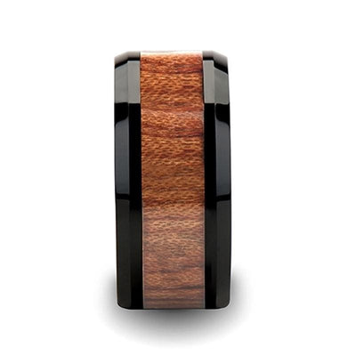 Beveled Black Ceramic Wedding Band With Real Rosewood Inlay 4mm - 12mm