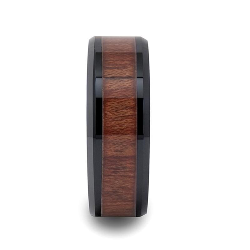 Beveled Black Ceramic Wedding Band With Real Rosewood Inlay 4mm - 12mm