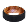 Beveled Men’s Black Tungsten Wedding Band with Olive Wood Sleeve - 8mm