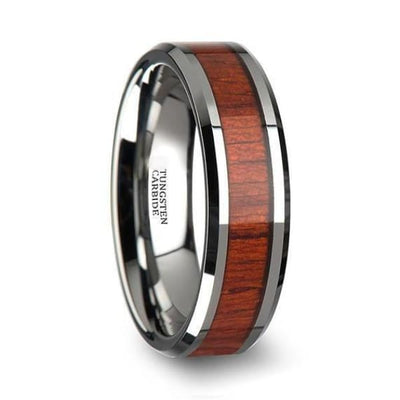 Beveled Mens Tungsten Wedding Ring With Real Padauk Wood Inlay 6mm - 10 mm