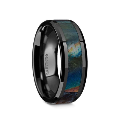 BIMO Black Ceramic Spectrolite Inlaid Wedding Band With Beveled Edges - 8mm