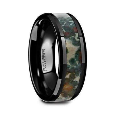 Black Camo Ceramic Wedding Ring Coprolite Fossil Inlay Beveled Polished Finish - 8mm