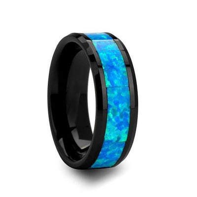 Black Ceramic Wedding Band Blue & Green Opal Inlay Beveled Polished Finish 4mm-10mm