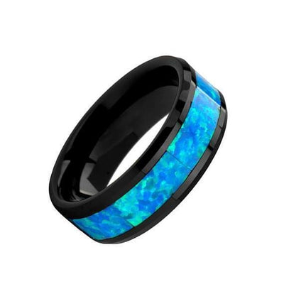 Black Ceramic Wedding Band Blue & Green Opal Inlay Beveled Polished Finish 4mm-10mm