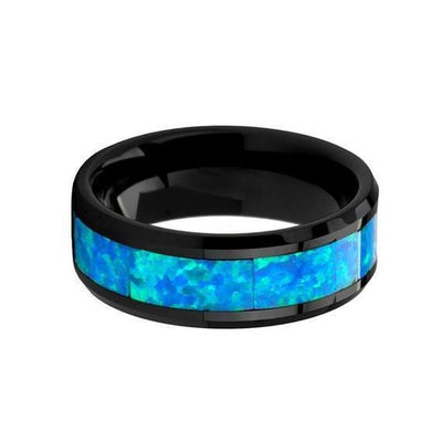 Black Ceramic Wedding Band Blue & Green Opal Inlay Beveled Polished Finish 4mm-10mm