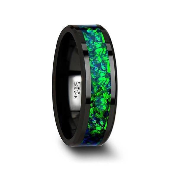 Black Ceramic Wedding Band Emerald Green & Sapphire Blue Color Opal Inlay 6mm 8mm