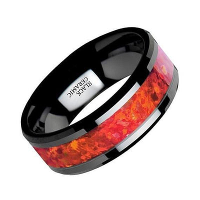 Black Ceramic Wedding Band Red Opal Inlay Beveled Polished Finish 4mm-8mm