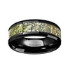 Black Ceramic Wedding Ring Green Dinosaur Bone Inlay Beveled and Polished Finish - 8mm