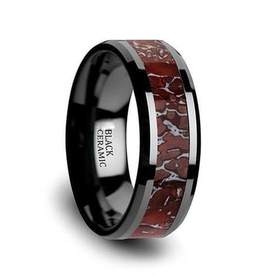 Black Ceramic Wedding Ring Red Dinosaur Bone Inlay Beveled Polished Finish 4mm & 8mm