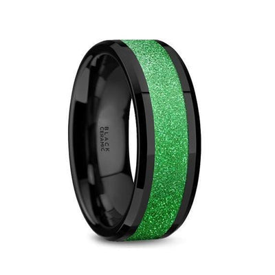 Black Ceramic Wedding Ring Sparkling Green Inlay Beveled Polished Finish - 8mm