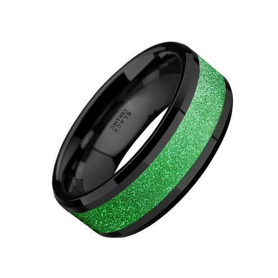 Black Ceramic Wedding Ring Sparkling Green Inlay Beveled Polished Finish - 8mm