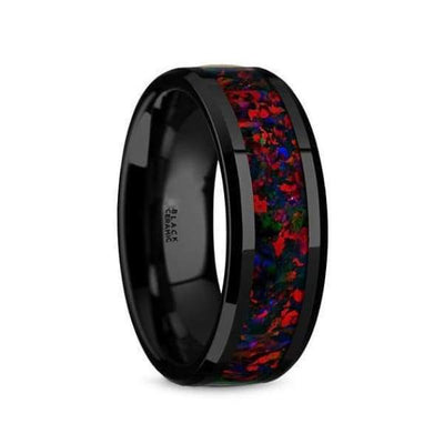 Black Ceramic Wedding Ring With Opal Inlay Beveled Polished Finish - 8mm