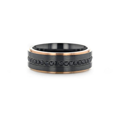 Black Titanium Ring Rose Gold Plated Edge And Sapphire Settings All Around