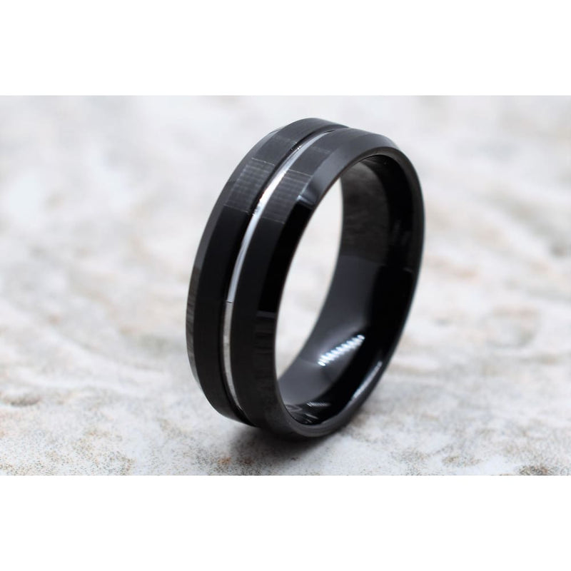 Black Tungsten Carbide Ring Brushed Finish with Silver Colored Center Groove 8mm