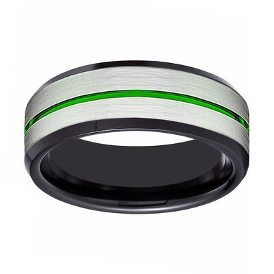 Black Tungsten Carbide Ring with Brushed Silver Center and Green Groove - 8mm