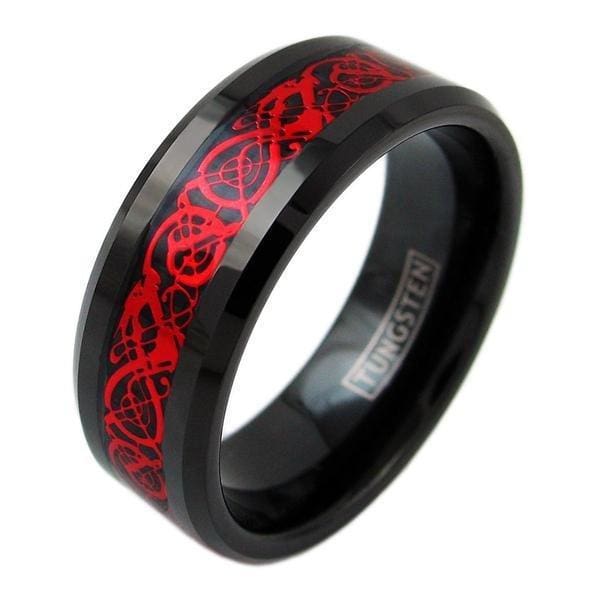 Black Tungsten Carbide Ring With Red Celtic Dragon Design Pattern 6mm & 8mm