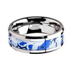 Blue and White Camouflage Tungsten Wedding Ring Beveled Polished Finish - 8mm