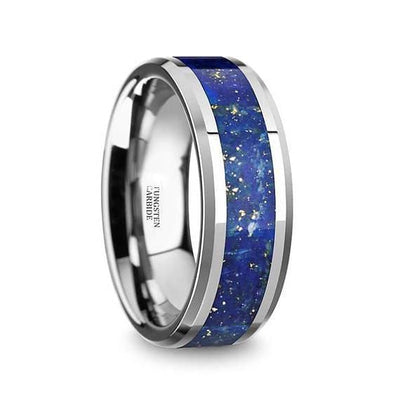 Blue Lapis Inlay Tungsten Wedding Band Beveled Polished Finish - 8mm