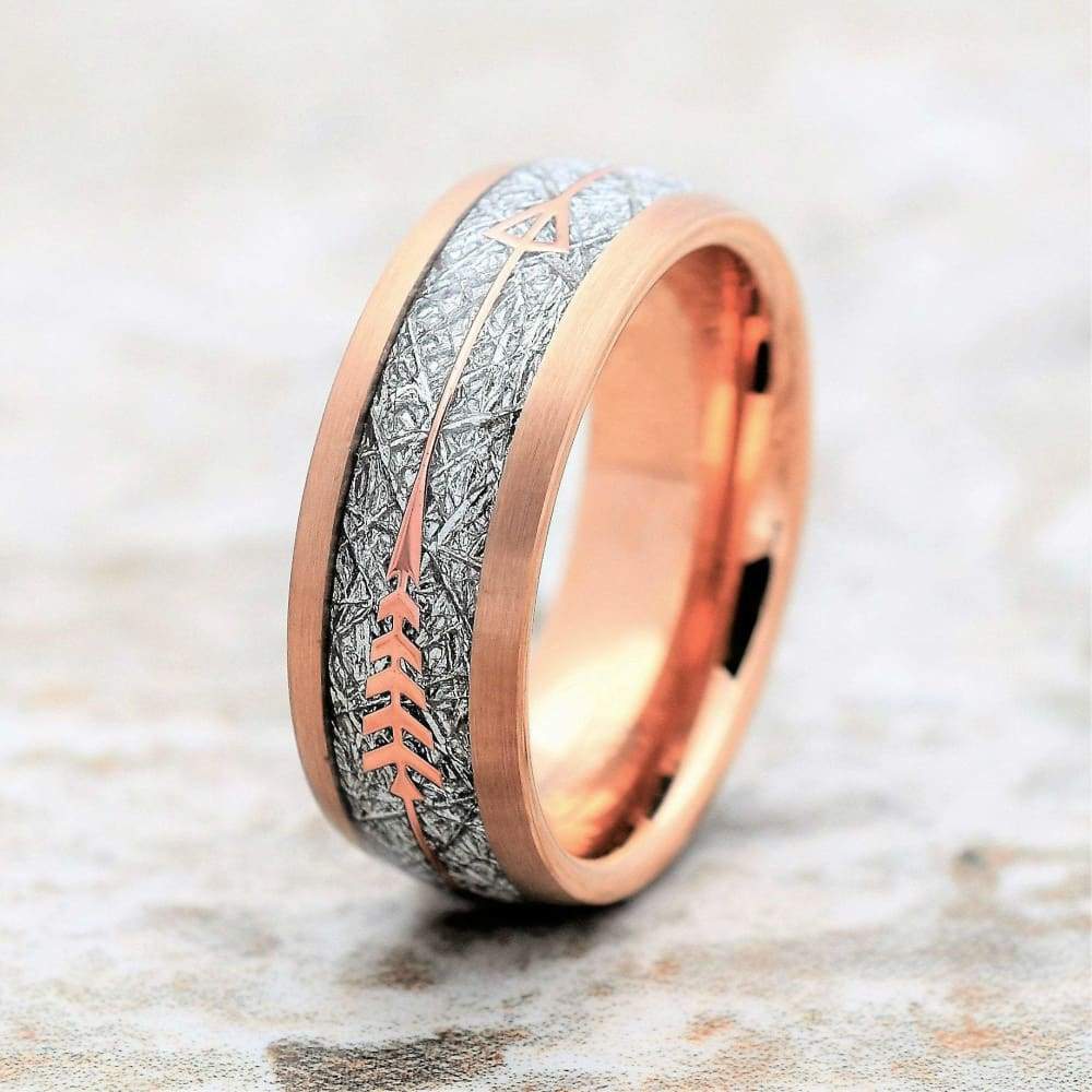 BOLIVAR Domed Rose Gold Tungsten Ring Arrow Meteorite Inlay 6mm & 8mm