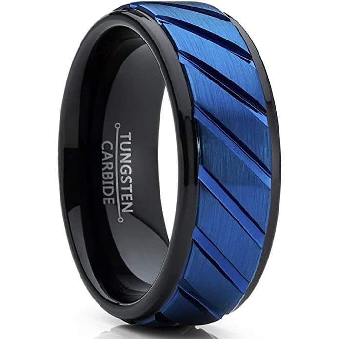 Bronx Blue Grooved Raised Center Black Tungsten Carbide Wedding Band - 8mm