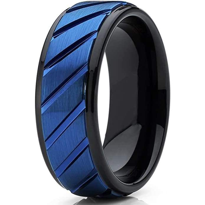 Bronx Blue Grooved Raised Center Black Tungsten Carbide Wedding Band - 8mm