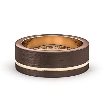 Brown Tungsten Wedding Ring Brushed With Thin Side Rose Gold Groove Flat Edge - 8mm